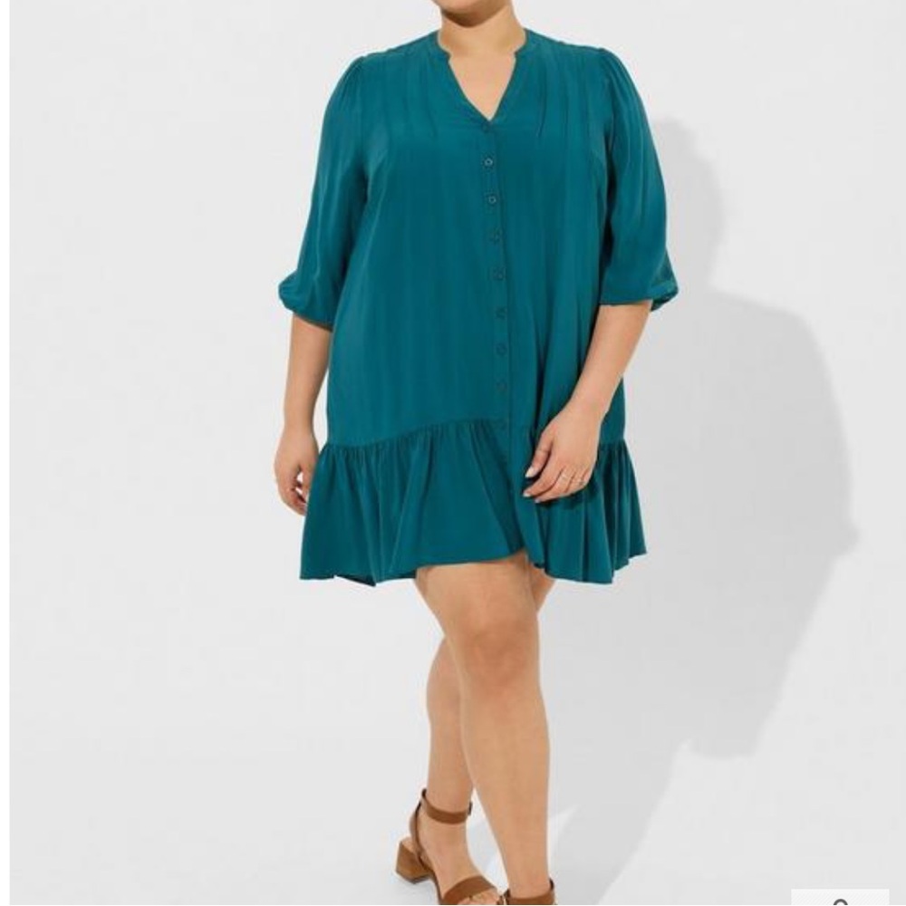 Mini Rayon Slub 3/4 Sleeve Trapeze Pleat Dress